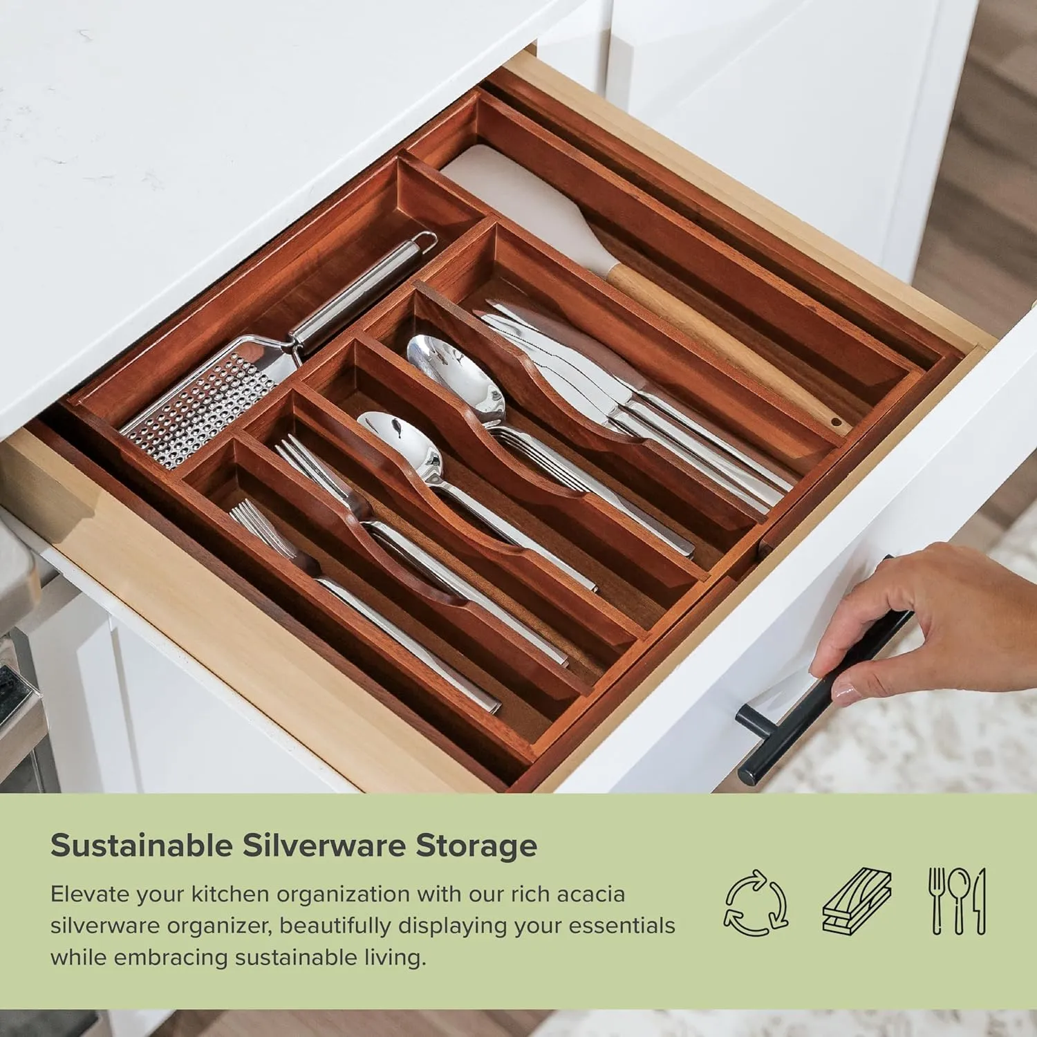 Acacia Drawer Organizer for Silverware & Utensils (Expands 14.75-25in)
