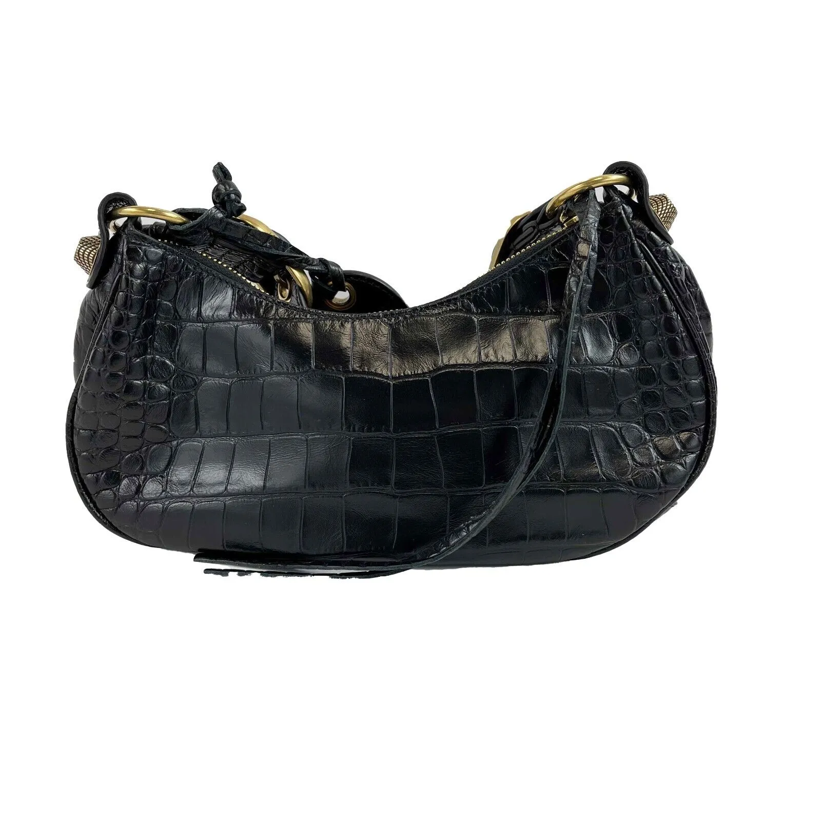 BALENCIAGA - XS Shoulder Bag Crocodile Embossed Black Studded Shoulder Bag NEW