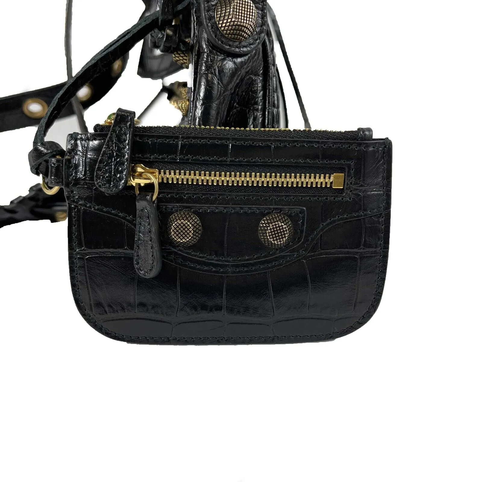 BALENCIAGA - XS Shoulder Bag Crocodile Embossed Black Studded Shoulder Bag NEW