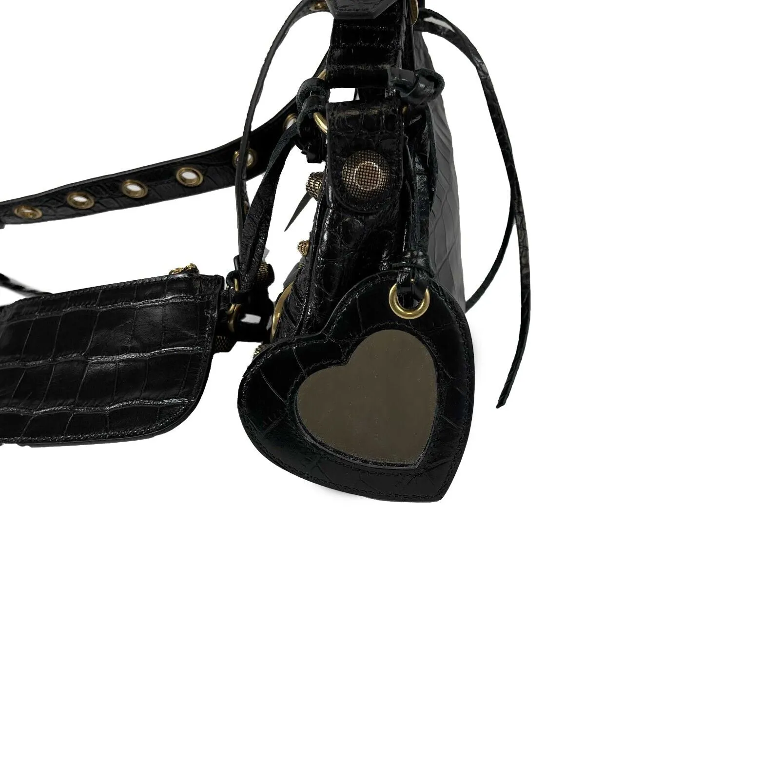 BALENCIAGA - XS Shoulder Bag Crocodile Embossed Black Studded Shoulder Bag NEW
