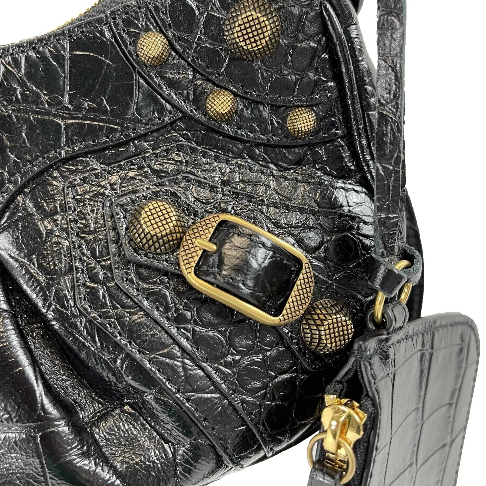 BALENCIAGA - XS Shoulder Bag Crocodile Embossed Black Studded Shoulder Bag NEW