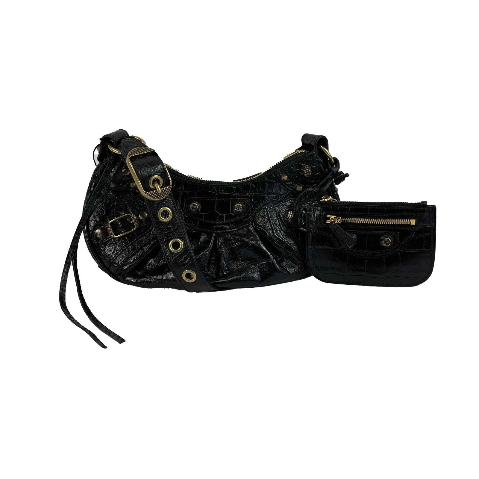 BALENCIAGA - XS Shoulder Bag Crocodile Embossed Black Studded Shoulder Bag NEW