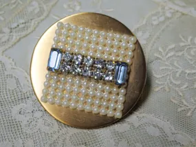 FABULOUS Mid Century Folding Purse Mirror Lipstick Case,Faux Pearls, Blue and White Glass,Vanity Décor, Collectible Vintage Compacts Mirrors