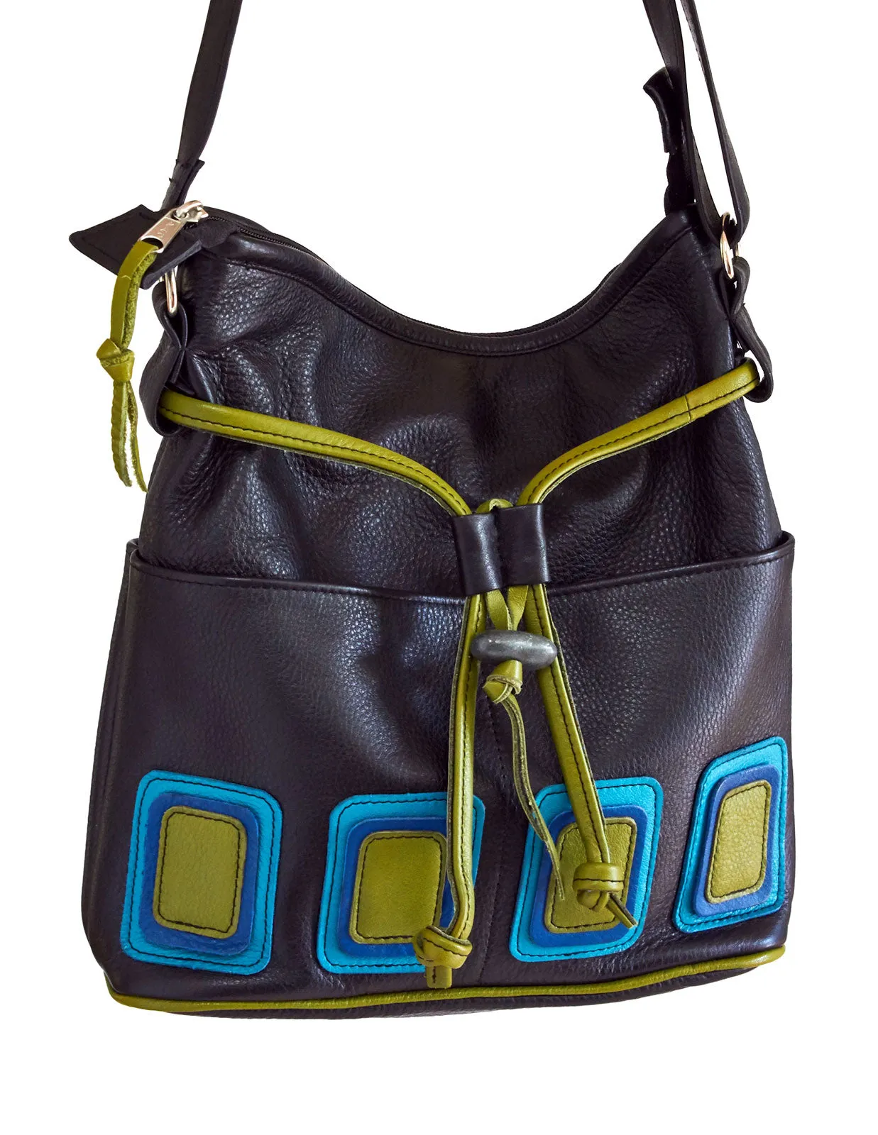Four-Pocket Op-Art Purse - Medium Leather Drawstring Bag