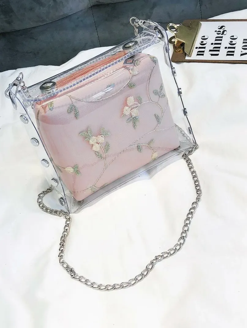 Girls Studded Decor Clear Chain Bag With Inner Pouch