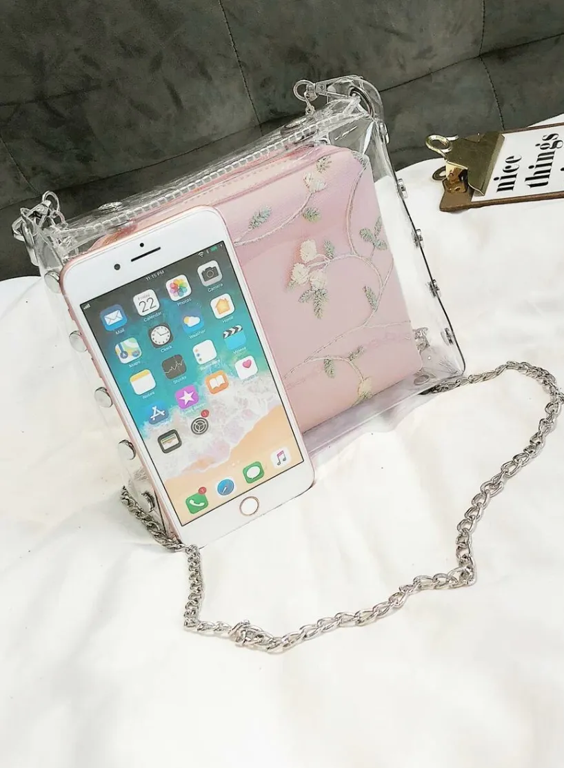 Girls Studded Decor Clear Chain Bag With Inner Pouch