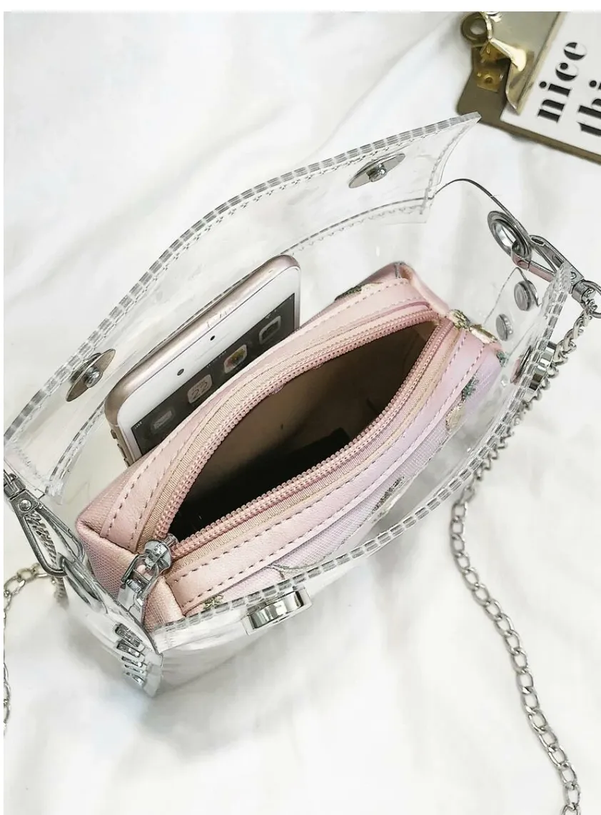 Girls Studded Decor Clear Chain Bag With Inner Pouch