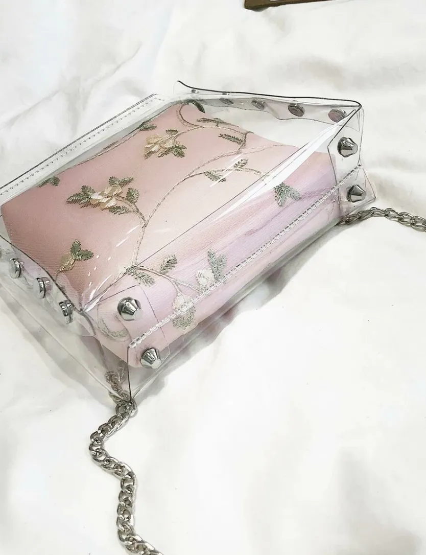 Girls Studded Decor Clear Chain Bag With Inner Pouch