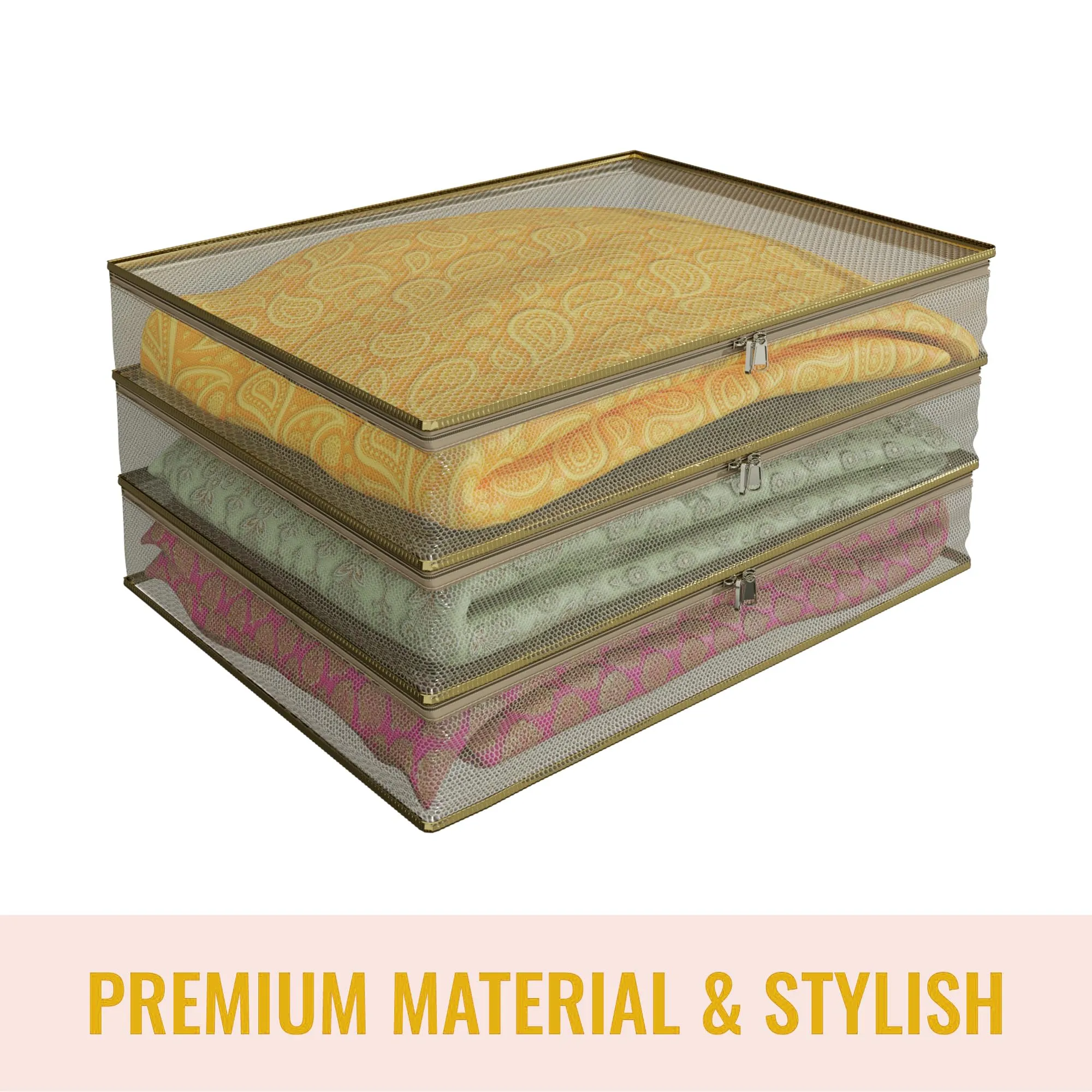 Kuber Industries Saree Cover | Clothes Storage Bag | Suit Packing Cover | Cloth Stoarge Organizer | Wardrobe Cloth Storage Organiser with Zip | Mesh Transparent | 3 Inch | Pack of 6 | Gold