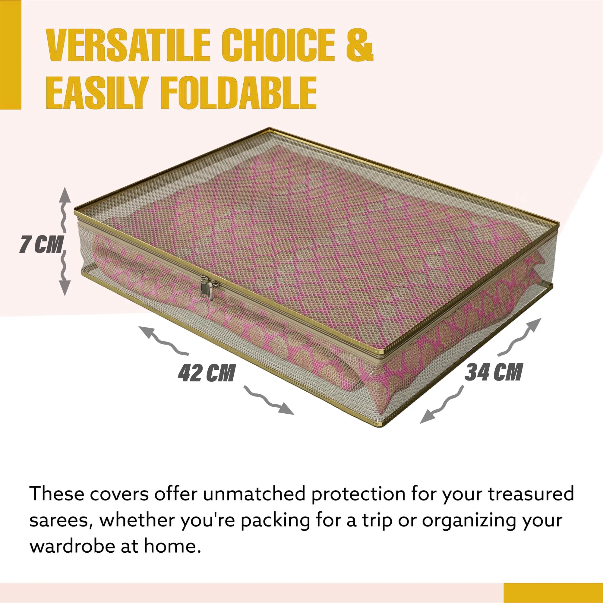 Kuber Industries Saree Cover | Clothes Storage Bag | Suit Packing Cover | Cloth Stoarge Organizer | Wardrobe Cloth Storage Organiser with Zip | Mesh Transparent | 3 Inch | Pack of 6 | Gold