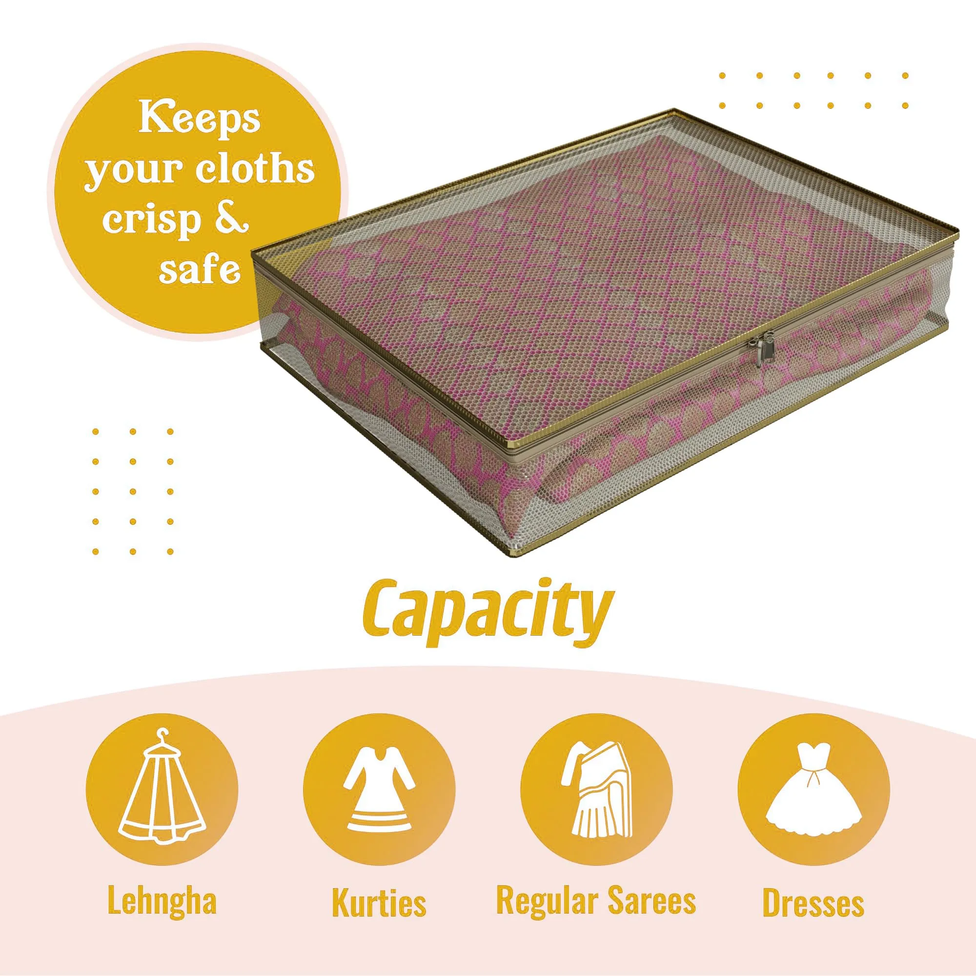 Kuber Industries Saree Cover | Clothes Storage Bag | Suit Packing Cover | Cloth Stoarge Organizer | Wardrobe Cloth Storage Organiser with Zip | Mesh Transparent | 3 Inch | Pack of 6 | Gold