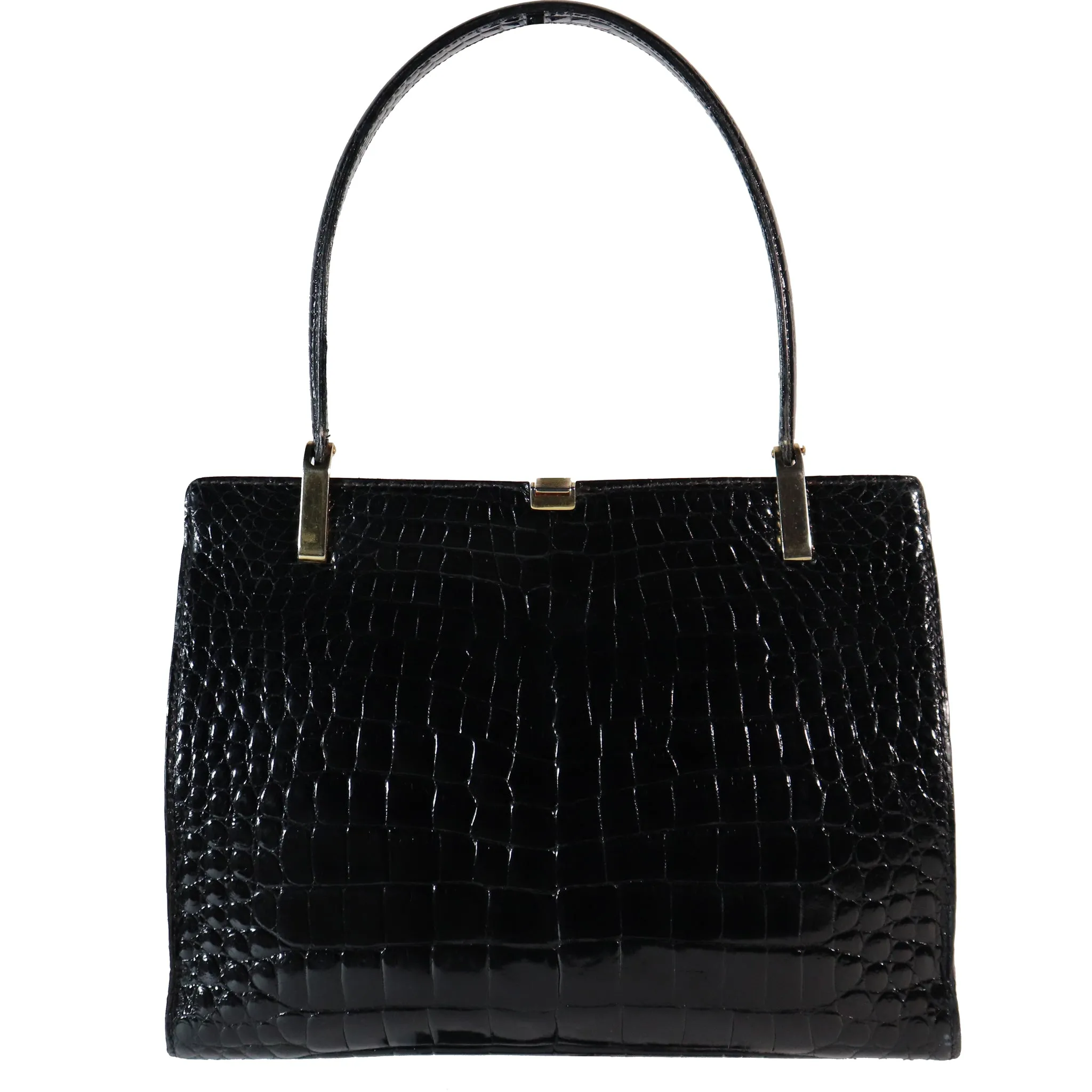 Lederer Black Alligator Purse W/ Gold Hardware & Expandable Frame