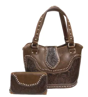 Montana West Concealed Carry Western Tooled Leather Purse and Wallet - Coffee