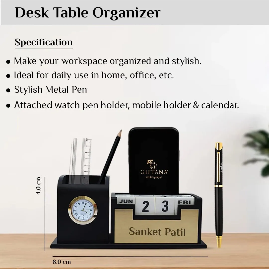 Personalized Infinity Calendar Table Clock Desk Organizer and Pen - Gold
