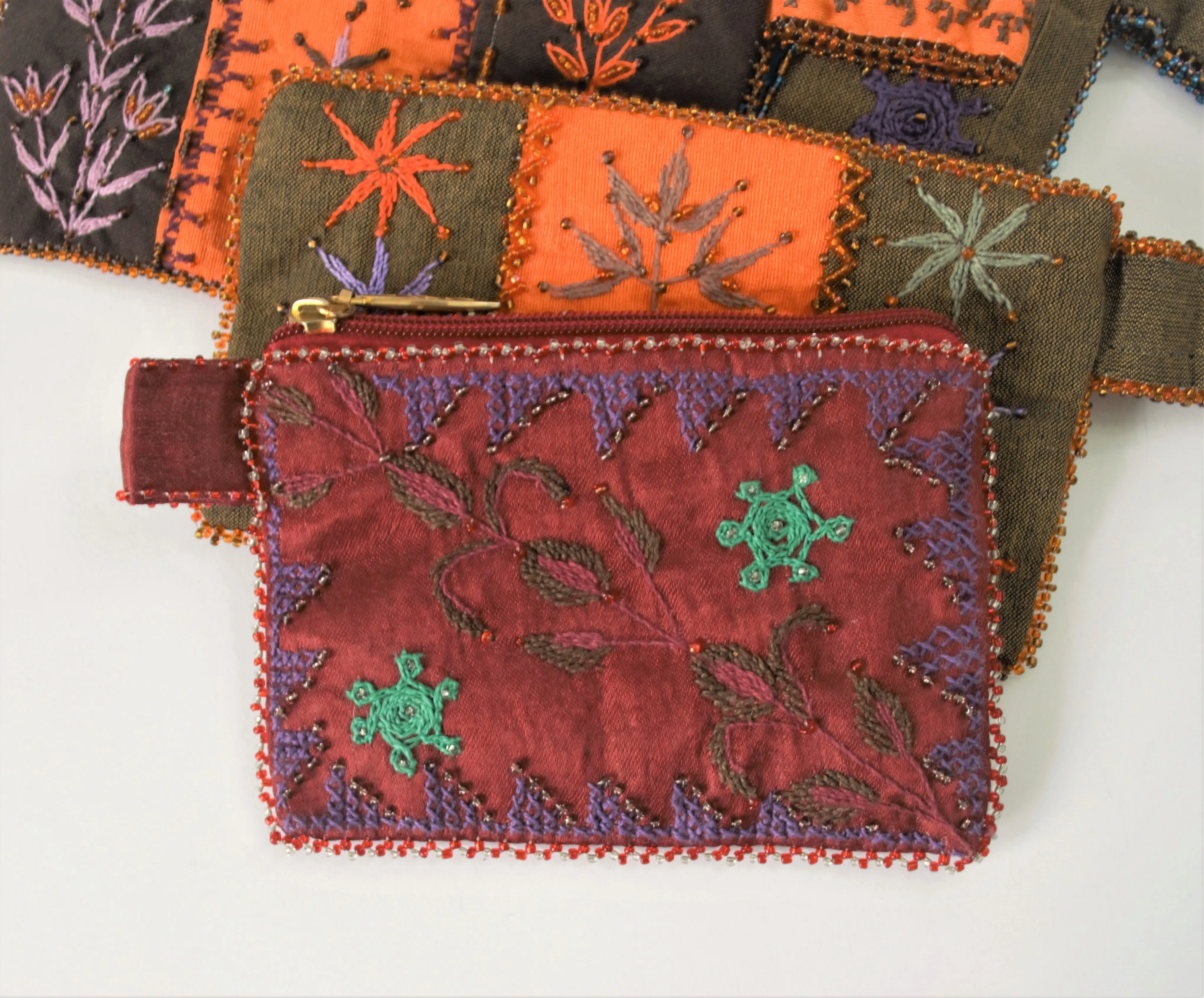Red hand embroidered purse, Beaded Boho wallet