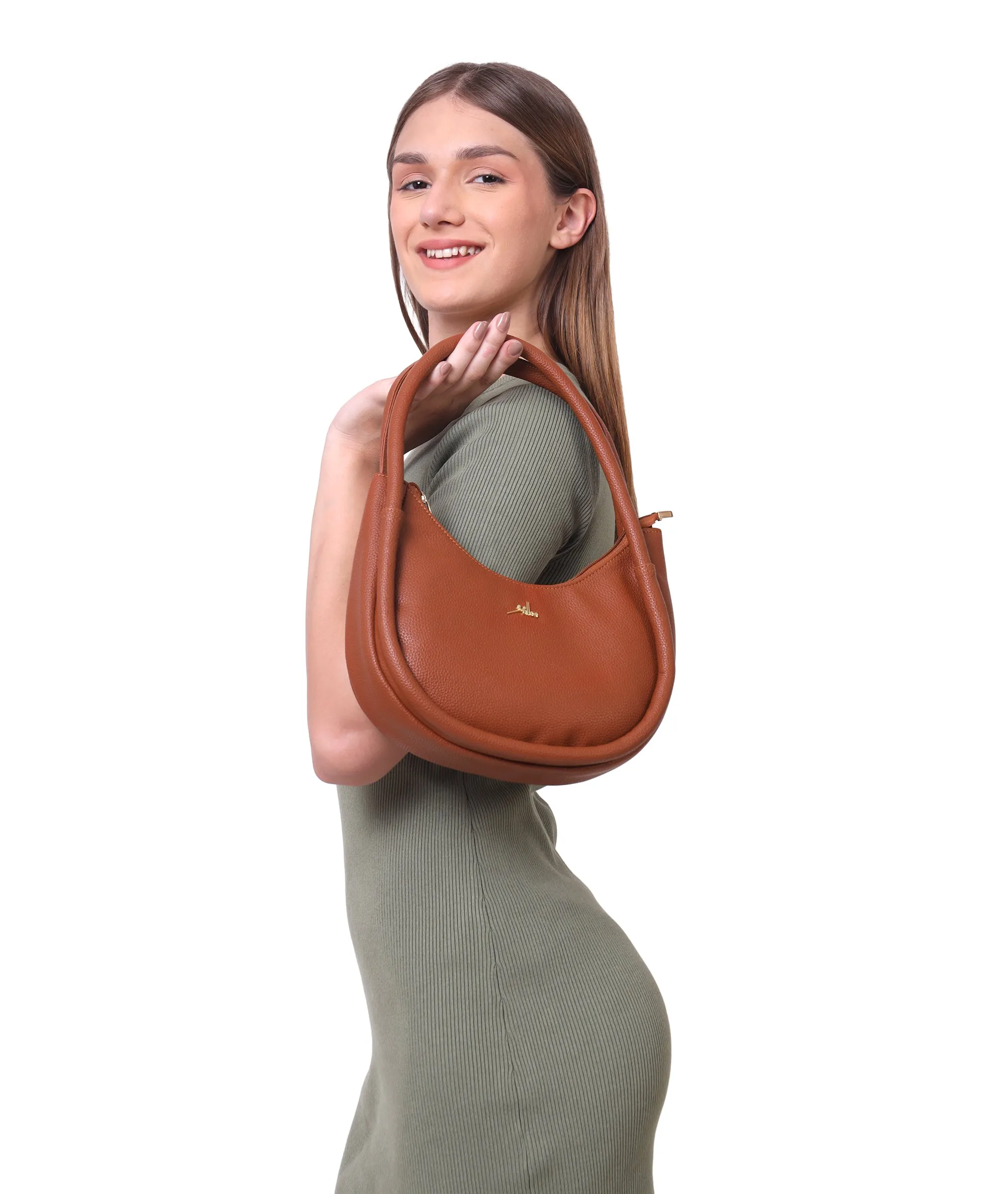 Tan Synthetic Leather Baguette Bag For Women