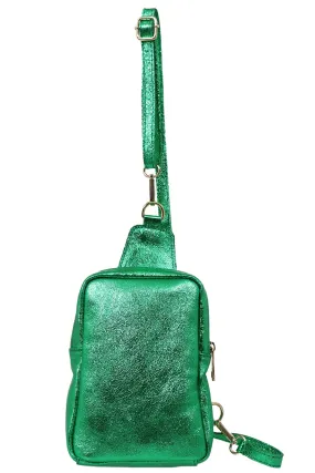 Tara - Italian Leather Sling Bag - Bright Green, Metallic