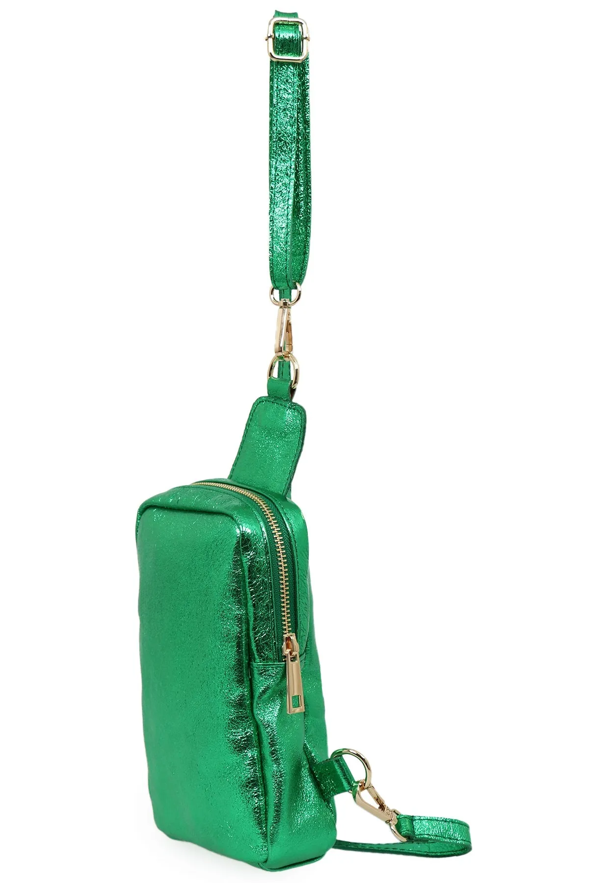 Tara - Italian Leather Sling Bag - Bright Green, Metallic