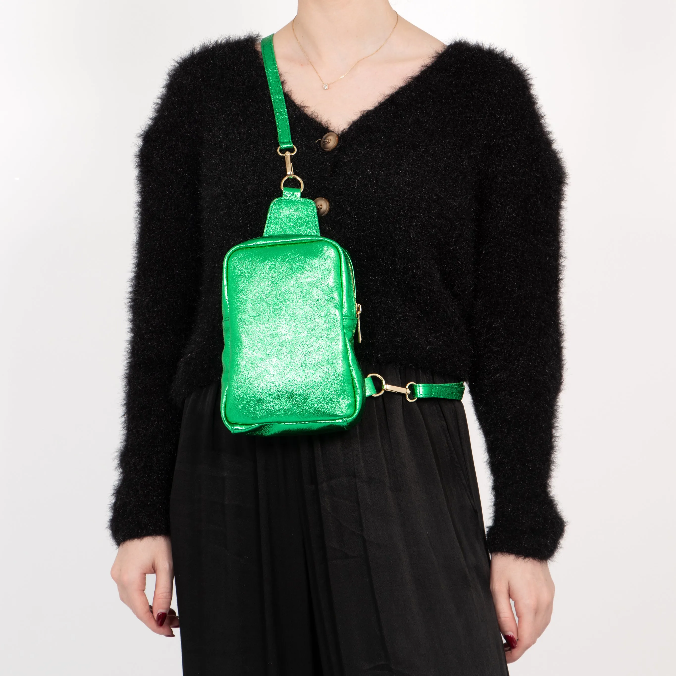 Tara - Italian Leather Sling Bag - Bright Green, Metallic