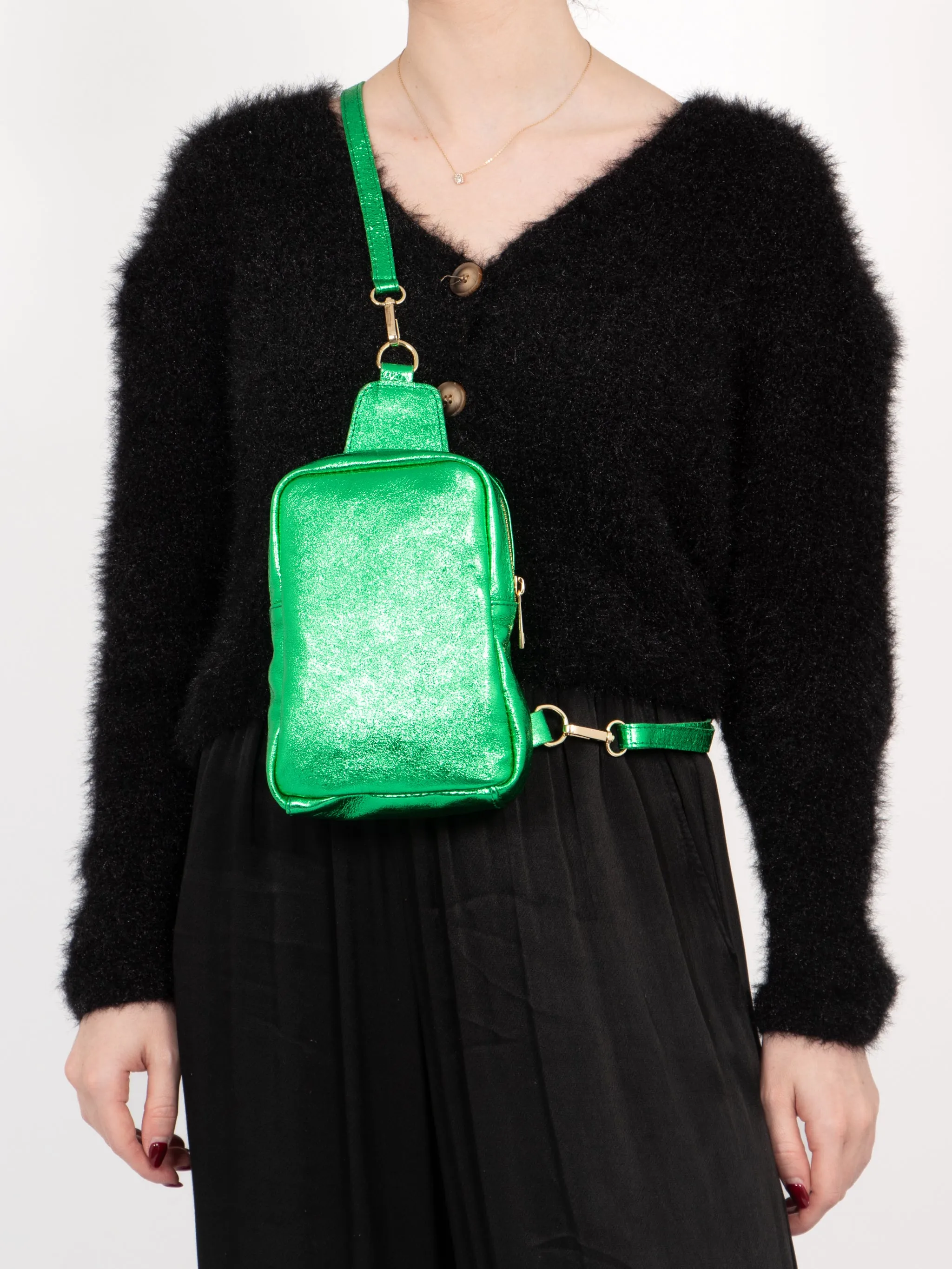 Tara - Italian Leather Sling Bag - Bright Green, Metallic
