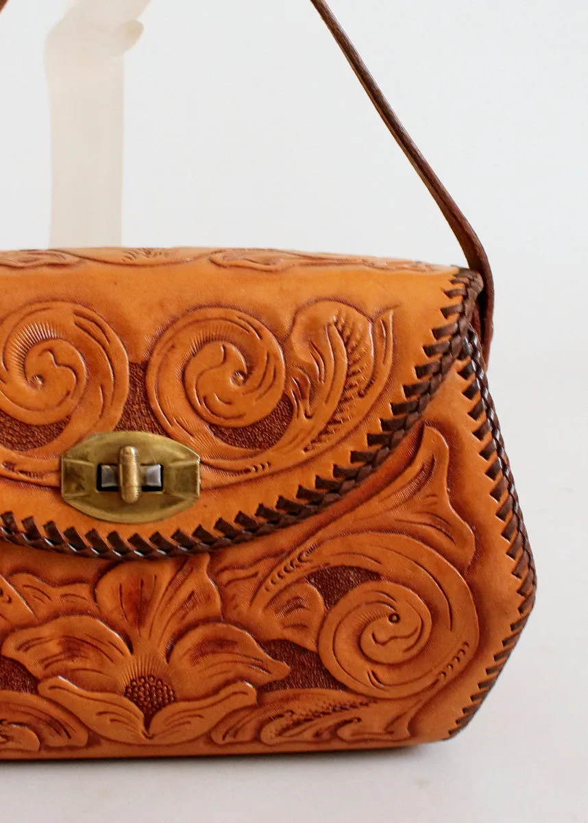 Vintage 1950s Tooled Leather Box Purse
