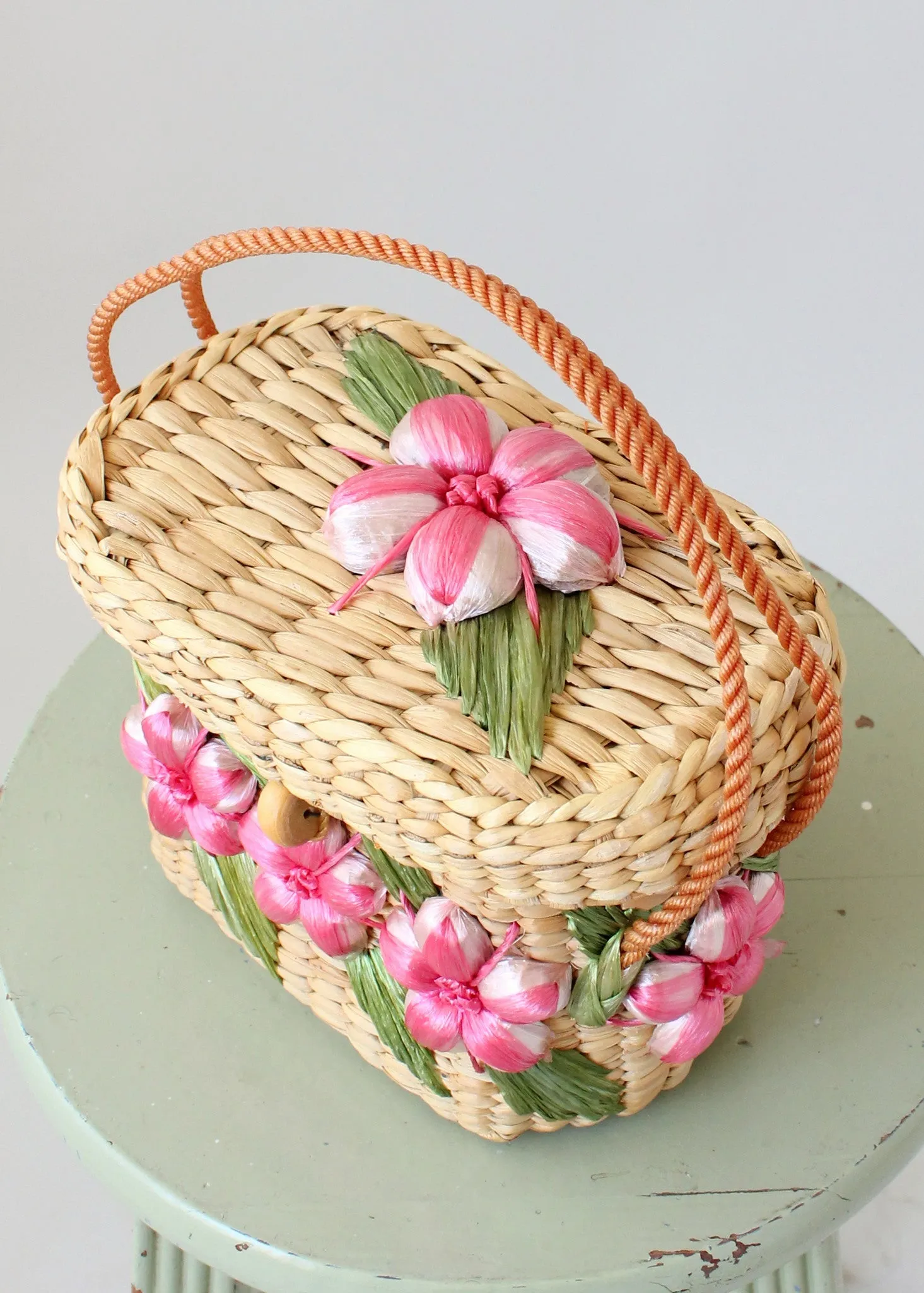Vintage 1960s Floral Raffia Box Purse