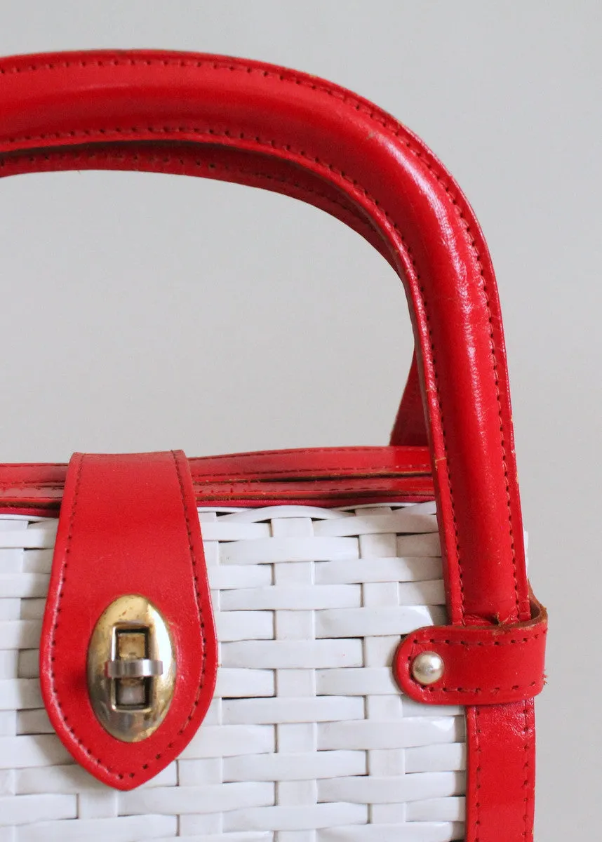 Vintage 1960s Red and White Wicker Purse