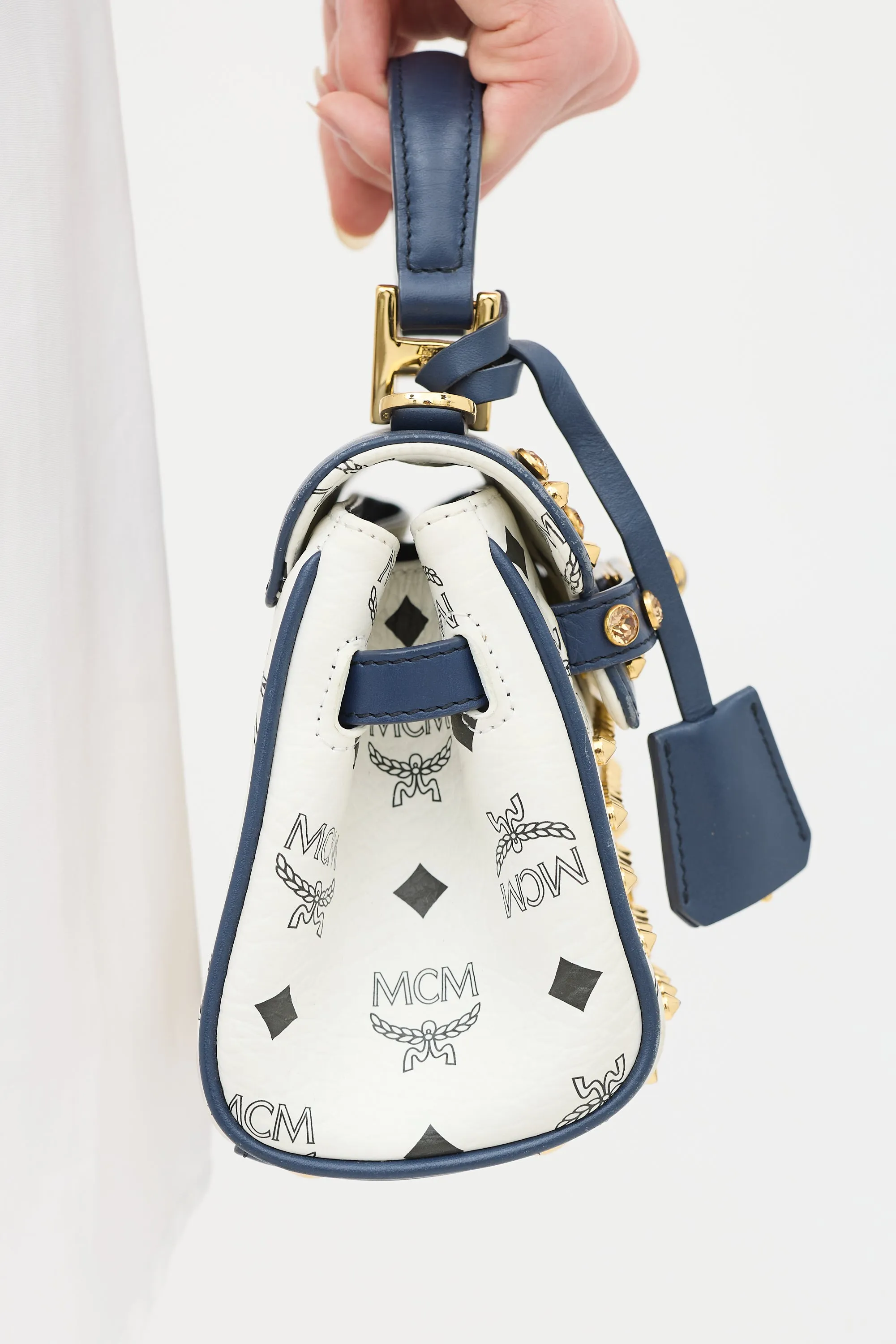 White & Navy Leather Visetos Monogram Satchel Bag