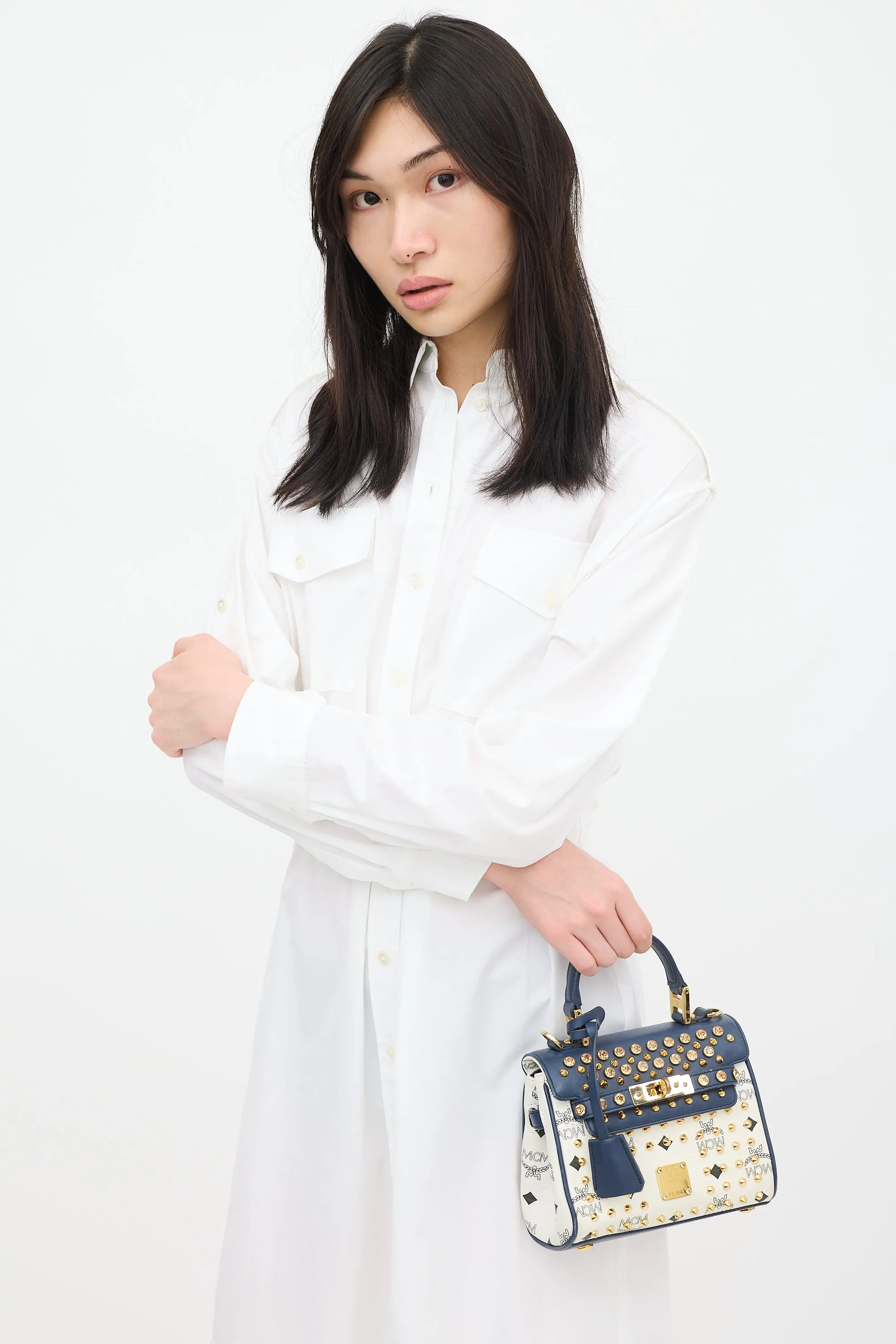 White & Navy Leather Visetos Monogram Satchel Bag
