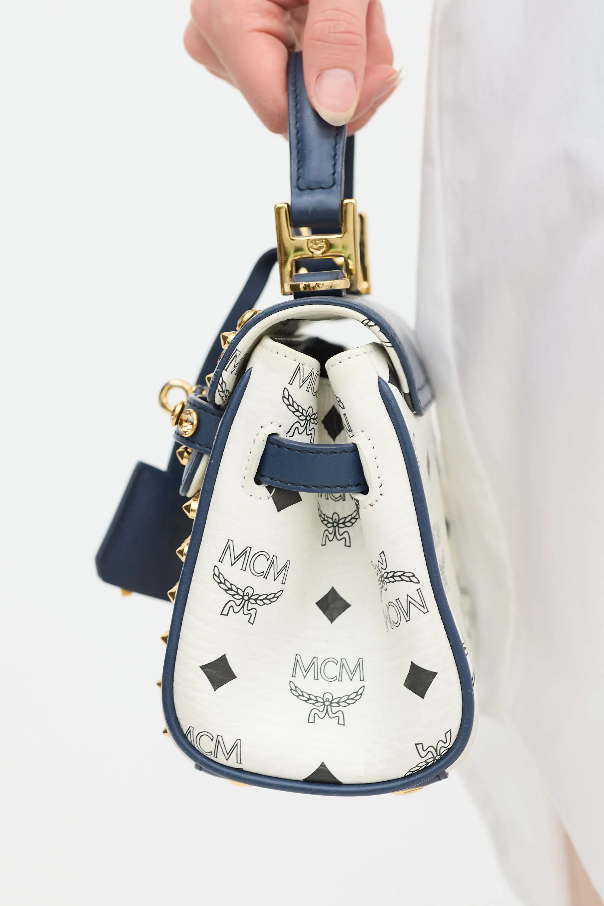 White & Navy Leather Visetos Monogram Satchel Bag