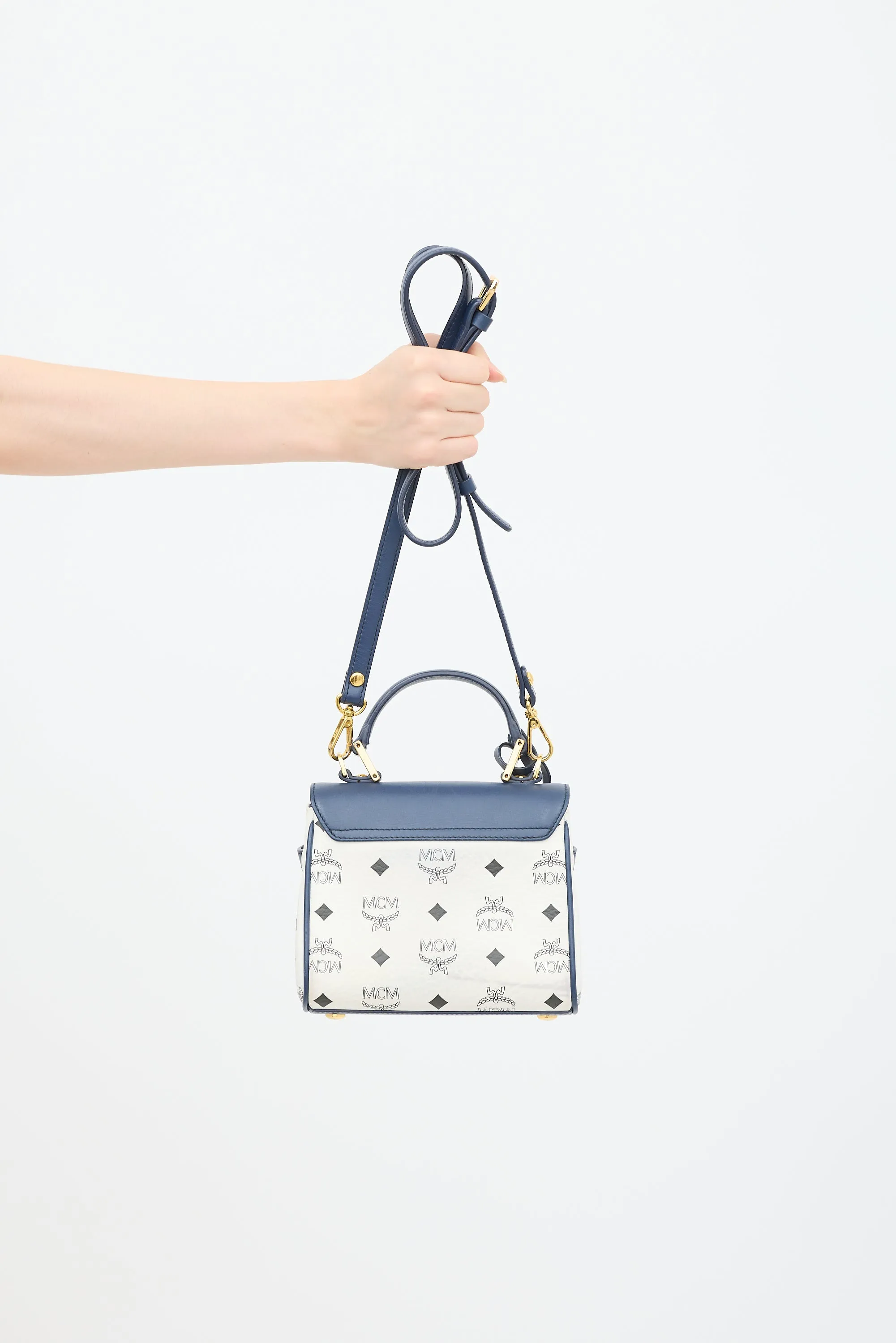 White & Navy Leather Visetos Monogram Satchel Bag