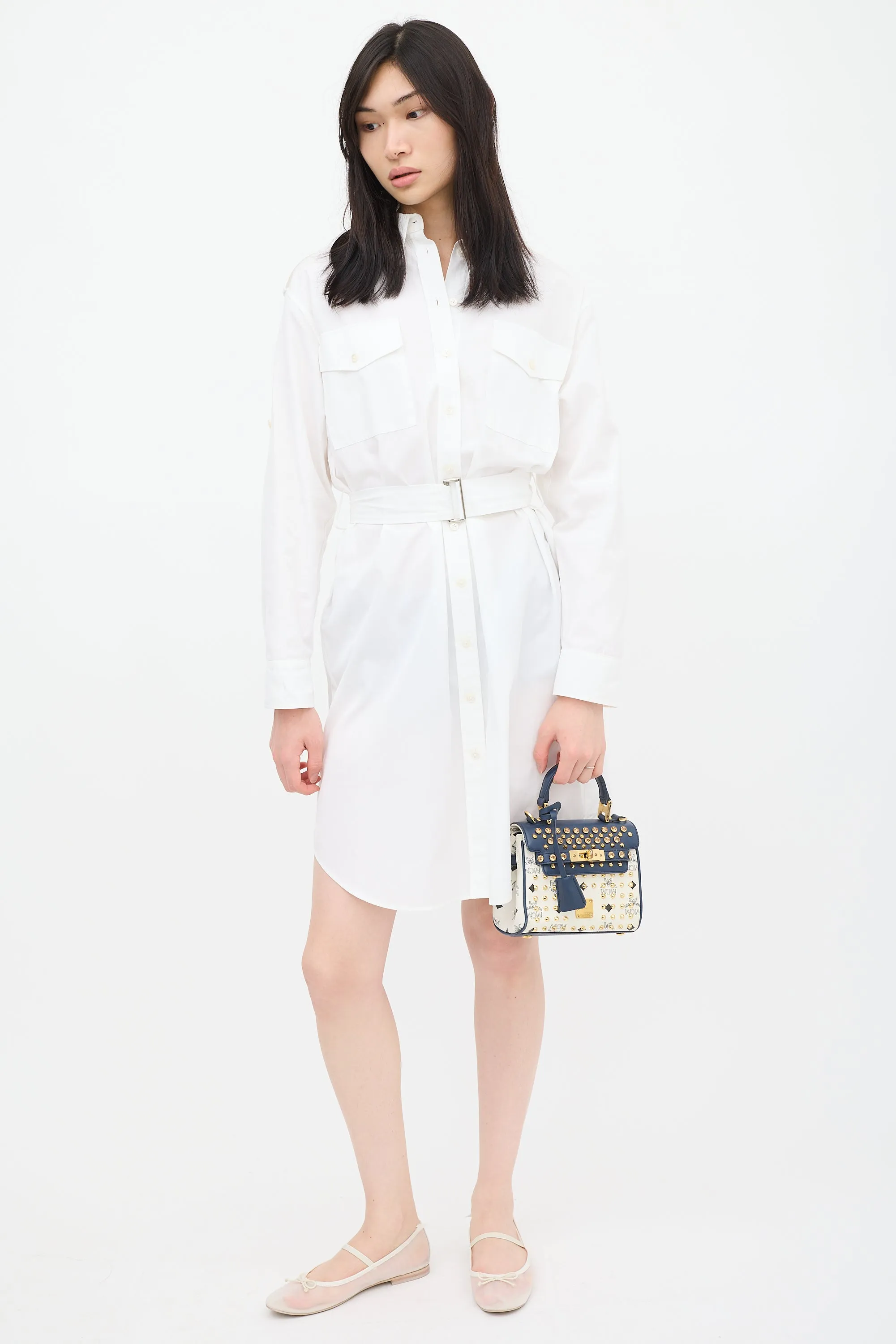 White & Navy Leather Visetos Monogram Satchel Bag